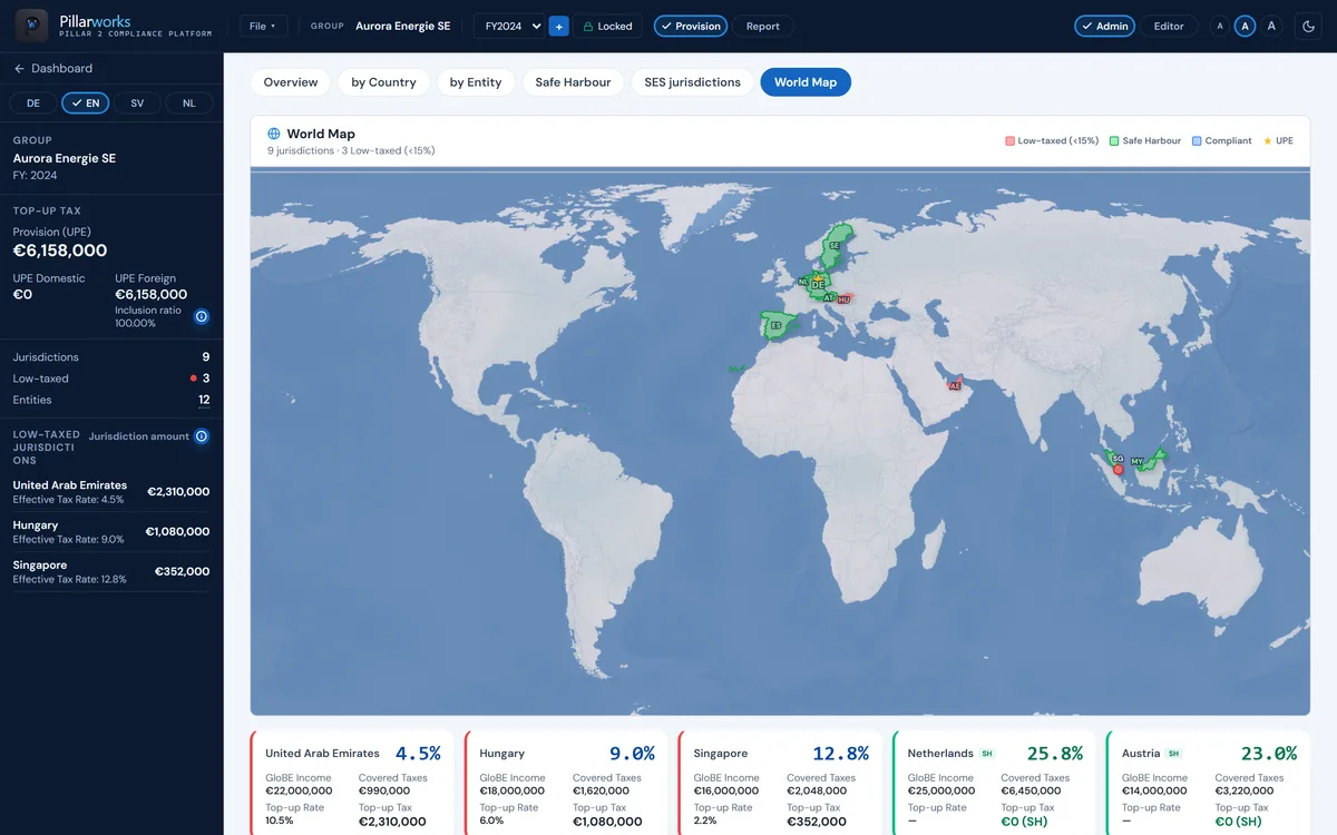Pillarworks: analysis, world map tab – the group’s jurisdictions by low-taxed, safe harbour and compliant, ultimate parent marked